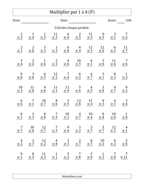 Multiplier (1 à 12) par 1 à 8 (100 Questions) (F)