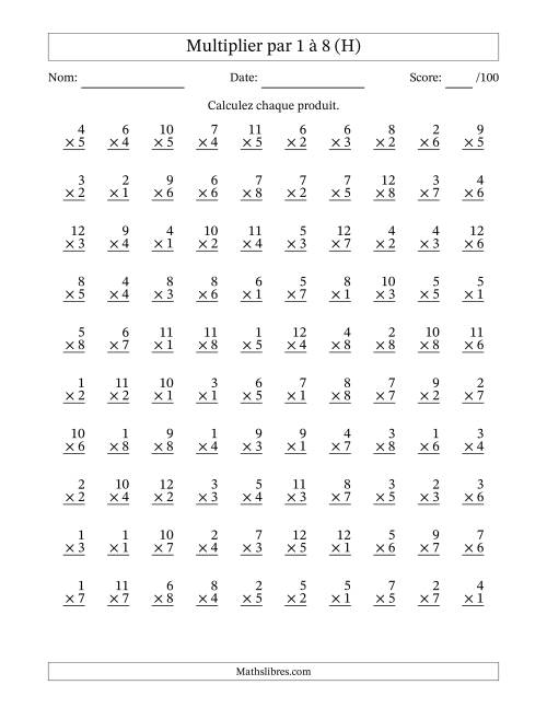 Multiplier (1 à 12) par 1 à 8 (100 Questions) (H)