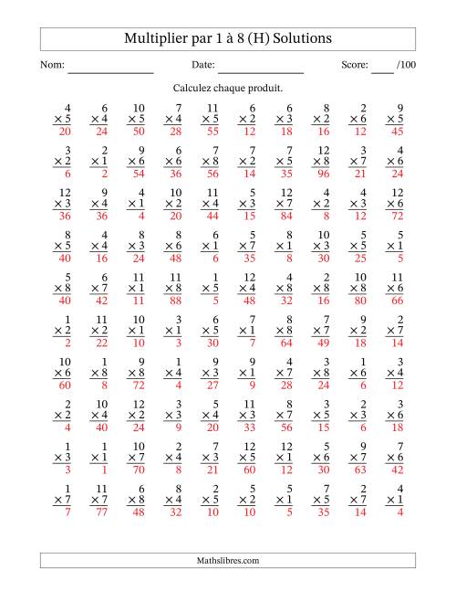 Multiplier (1 à 12) par 1 à 8 (100 Questions) (H) page 2