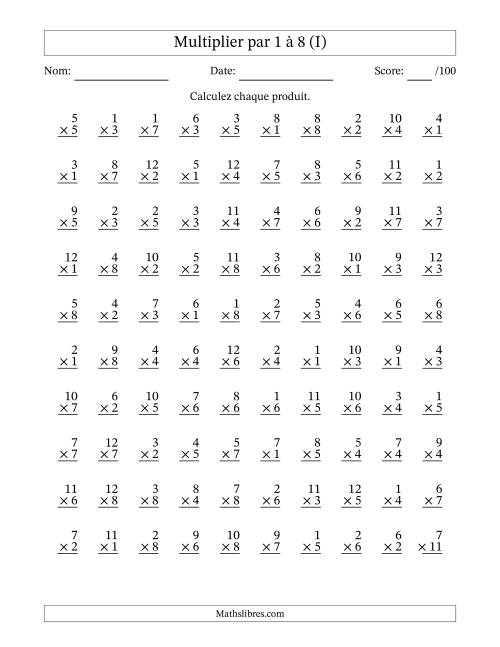 Multiplier (1 à 12) par 1 à 8 (100 Questions) (I)