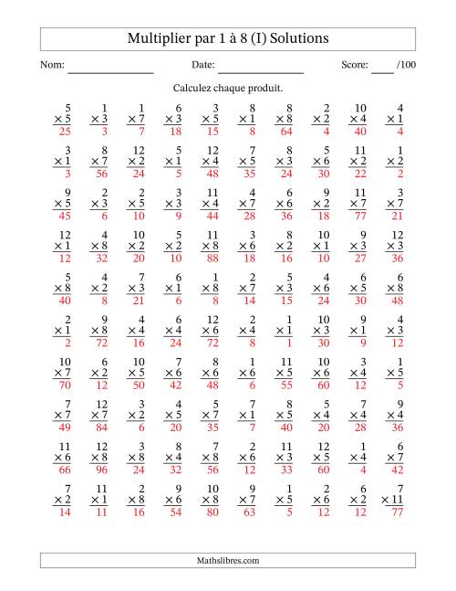 Multiplier (1 à 12) par 1 à 8 (100 Questions) (I) page 2