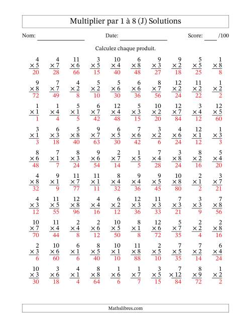 Multiplier (1 à 12) par 1 à 8 (100 Questions) (J) page 2