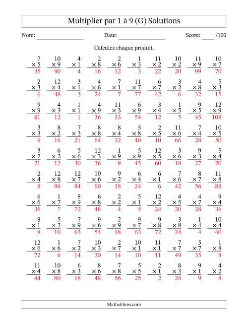 Multiplier (1 à 12) par 1 à 9 (100 Questions) (G) page 2