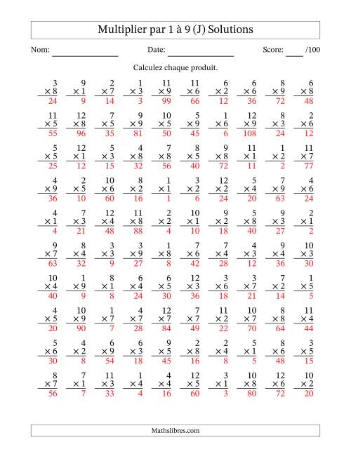 Multiplier (1 à 12) par 1 à 9 (100 Questions) (J) page 2