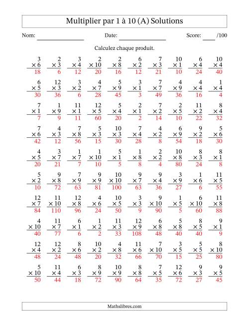 Multiplier (1 à 12) par 1 à 10 (100 Questions) (A) page 2