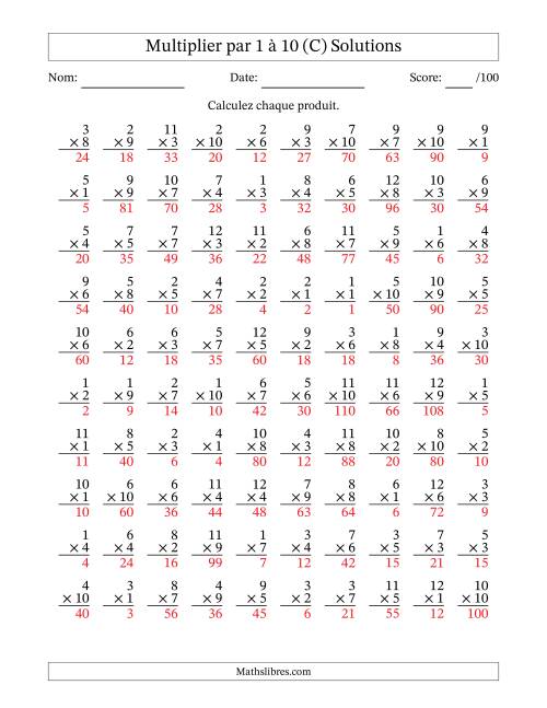 Multiplier (1 à 12) par 1 à 10 (100 Questions) (C) page 2