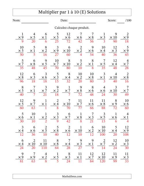 Multiplier (1 à 12) par 1 à 10 (100 Questions) (E) page 2