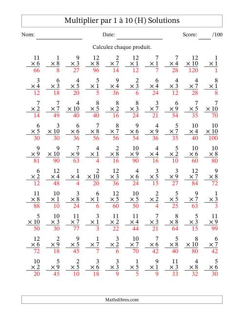 Multiplier (1 à 12) par 1 à 10 (100 Questions) (H) page 2