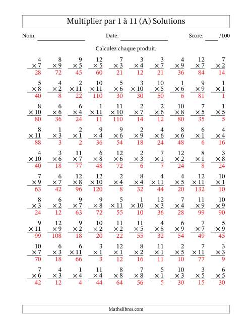 Multiplier (1 à 12) par 1 à 11 (100 Questions) (A) page 2