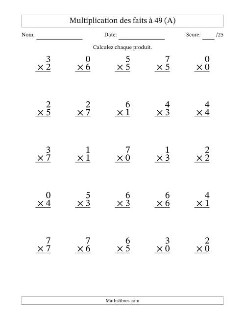 Multiplication des faits à 49 (25 Questions) (Avec Zeros) (A)