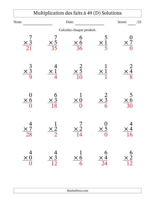 Multiplication des faits à 49 (25 Questions) (Avec Zeros) (D) page 2