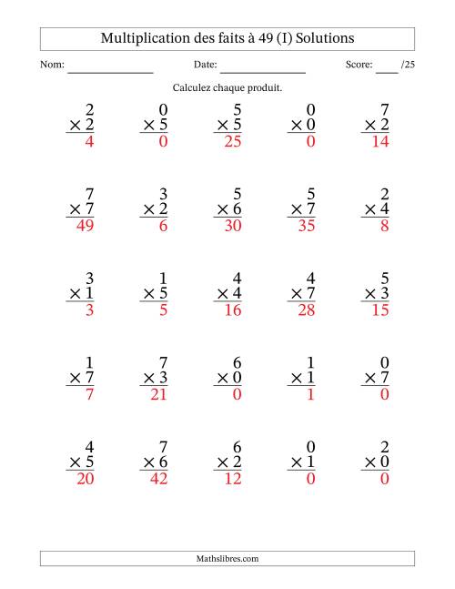 Multiplication des faits à 49 (25 Questions) (Avec Zeros) (I) page 2