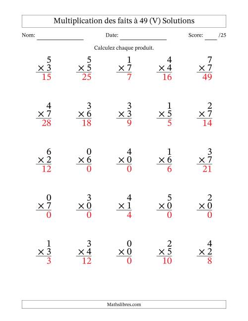 Multiplication des faits à 49 (25 Questions) (Avec Zeros) (V) page 2