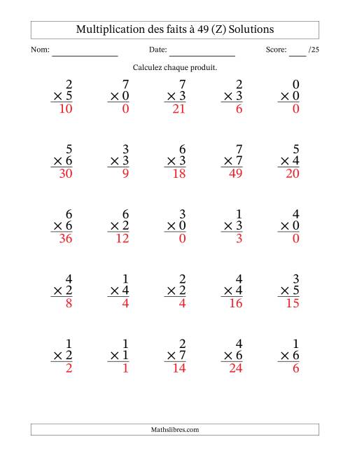 Multiplication des faits à 49 (25 Questions) (Avec Zeros) (Z) page 2