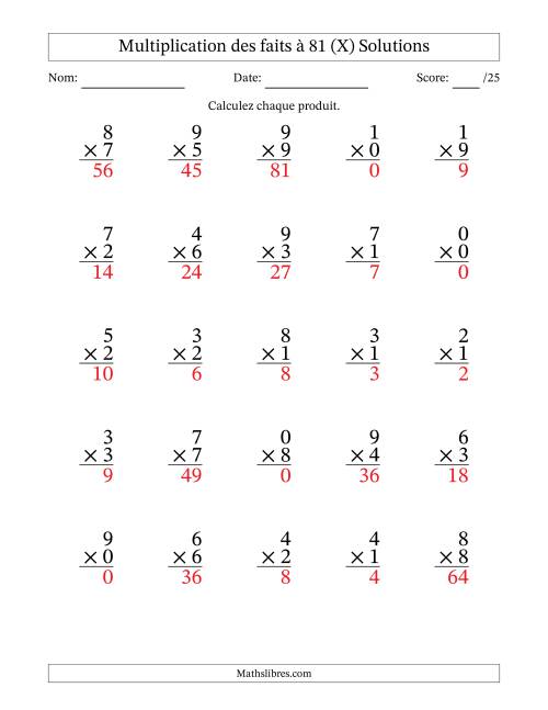 Multiplication des faits à 81 (25 Questions) (Avec zéros) (X) page 2