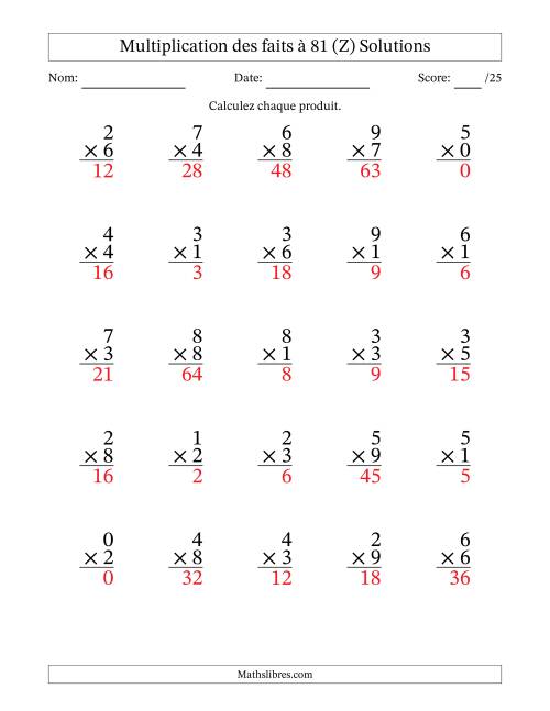 Multiplication des faits à 81 (25 Questions) (Avec zéros) (Z) page 2