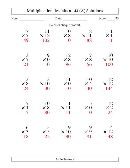 Multiplication des faits à 144 (25 Questions) (Avec zéros) (A) page 2