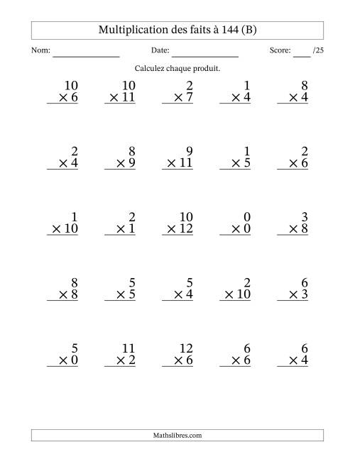 Multiplication des faits à 144 (25 Questions) (Avec zéros) (B)