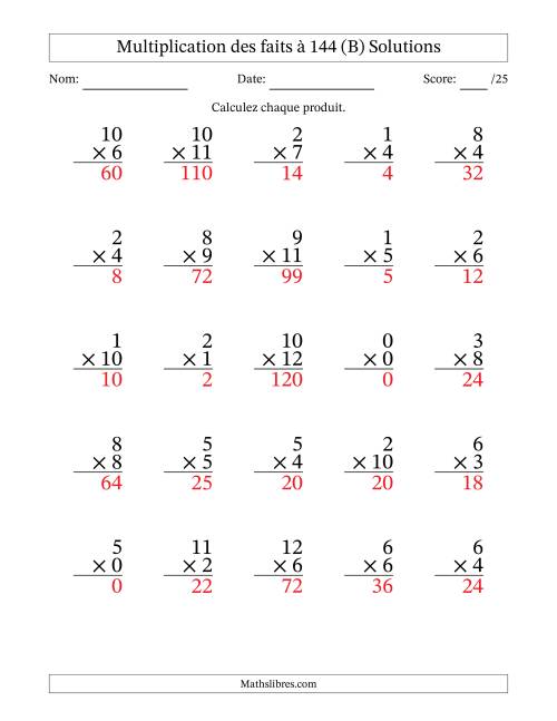 Multiplication des faits à 144 (25 Questions) (Avec zéros) (B) page 2