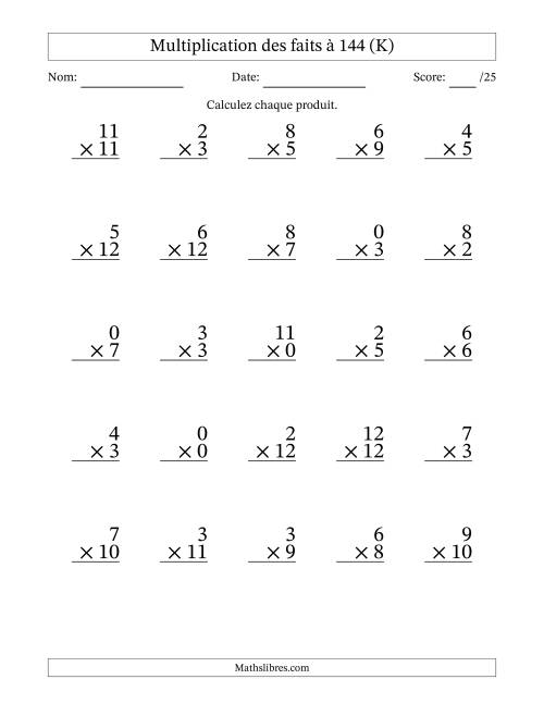 Multiplication des faits à 144 (25 Questions) (Avec zéros) (K)
