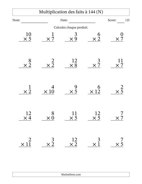 Multiplication des faits à 144 (25 Questions) (Avec zéros) (N)
