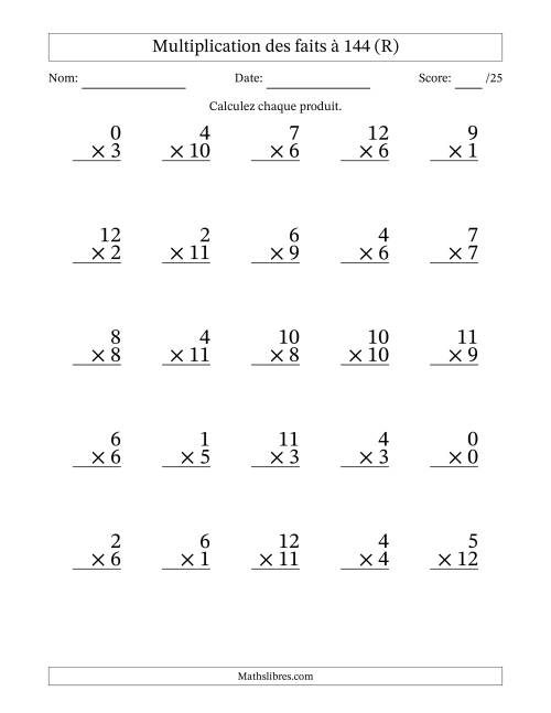 Multiplication des faits à 144 (25 Questions) (Avec zéros) (R)