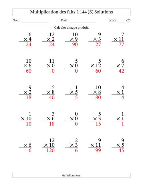 Multiplication des faits à 144 (25 Questions) (Avec zéros) (S) page 2