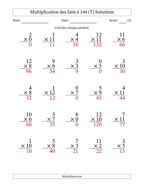 Multiplication des faits à 144 (25 Questions) (Avec zéros) (T) page 2