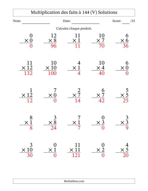Multiplication des faits à 144 (25 Questions) (Avec zéros) (V) page 2