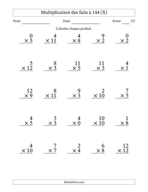 Multiplication des faits à 144 (25 Questions) (Avec zéros) (X)