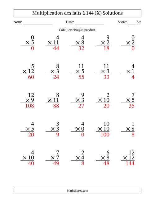 Multiplication des faits à 144 (25 Questions) (Avec zéros) (X) page 2