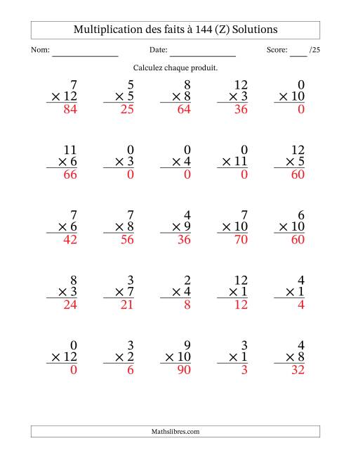 Multiplication des faits à 144 (25 Questions) (Avec zéros) (Z) page 2