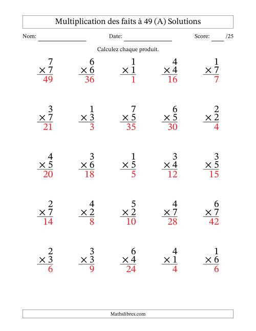 Multiplication des faits à 49 (25 Questions) (Pas de Zeros) (A) page 2