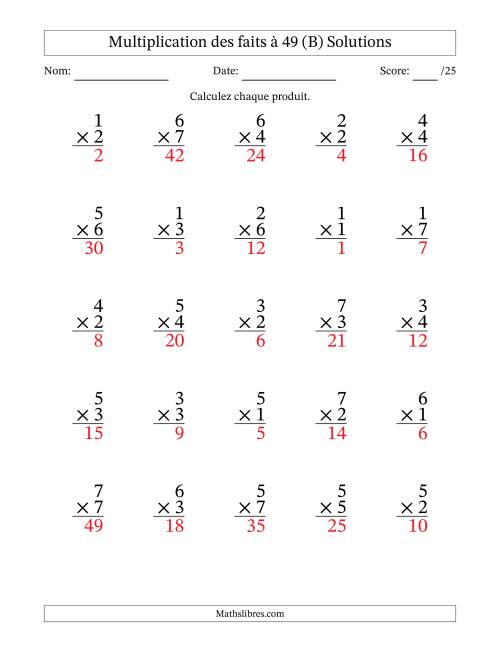 Multiplication des faits à 49 (25 Questions) (Pas de Zeros) (B) page 2