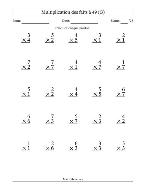 Multiplication des faits à 49 (25 Questions) (Pas de Zeros) (G)