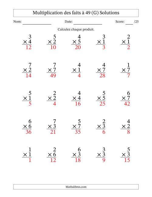 Multiplication des faits à 49 (25 Questions) (Pas de Zeros) (G) page 2