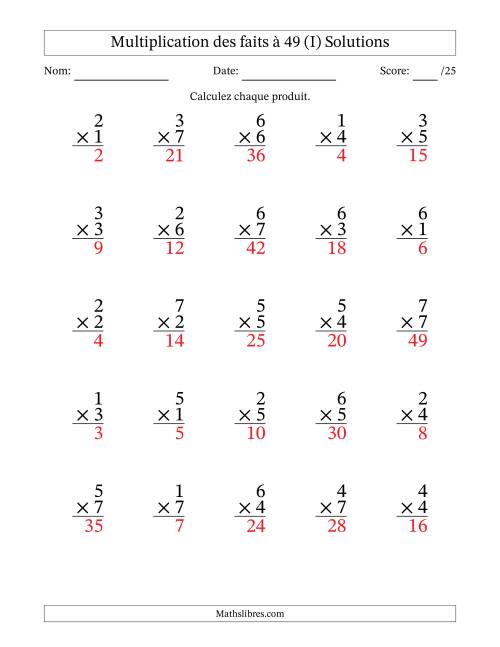 Multiplication des faits à 49 (25 Questions) (Pas de Zeros) (I) page 2