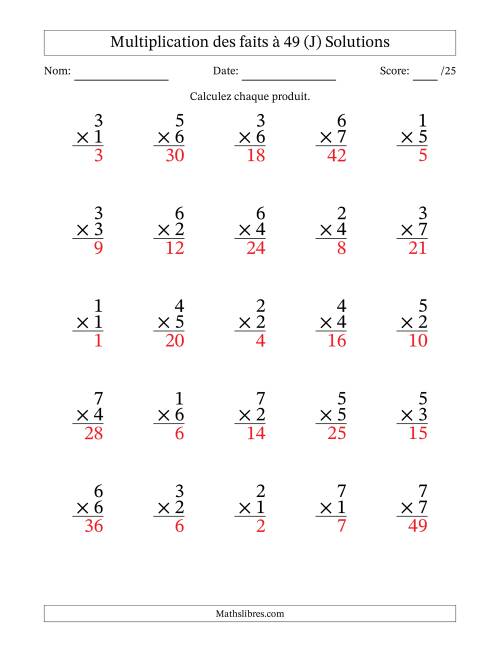 Multiplication des faits à 49 (25 Questions) (Pas de Zeros) (J) page 2