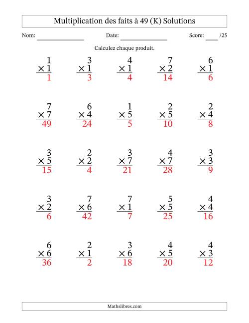 Multiplication des faits à 49 (25 Questions) (Pas de Zeros) (K) page 2