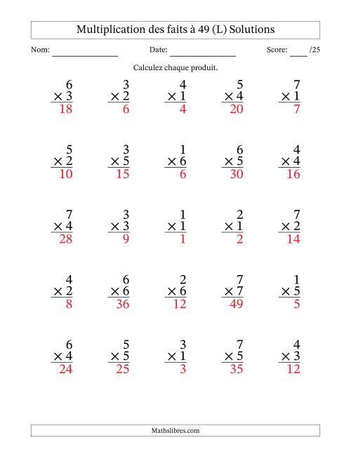 Multiplication des faits à 49 (25 Questions) (Pas de Zeros) (L) page 2