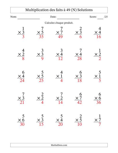 Multiplication des faits à 49 (25 Questions) (Pas de Zeros) (N) page 2
