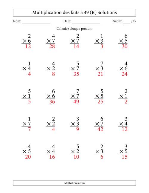 Multiplication des faits à 49 (25 Questions) (Pas de Zeros) (R) page 2