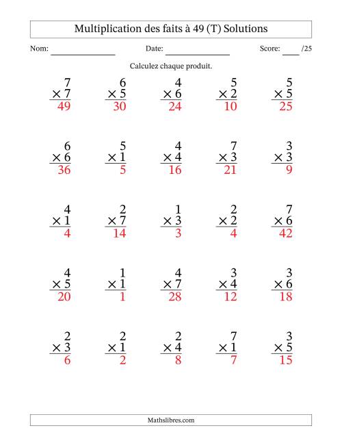 Multiplication des faits à 49 (25 Questions) (Pas de Zeros) (T) page 2