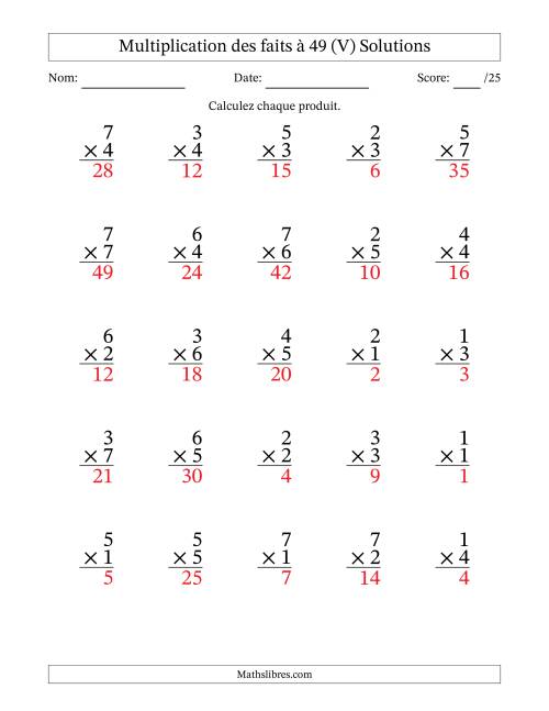 Multiplication des faits à 49 (25 Questions) (Pas de Zeros) (V) page 2