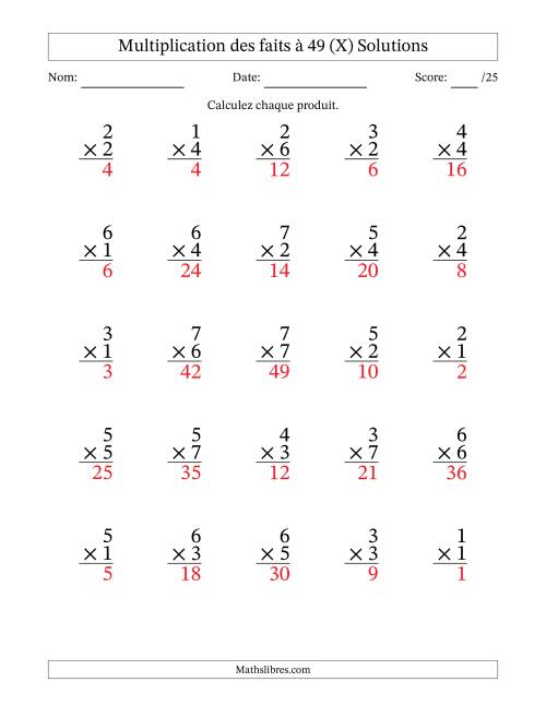 Multiplication des faits à 49 (25 Questions) (Pas de Zeros) (X) page 2