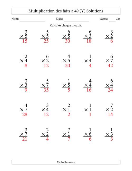 Multiplication des faits à 49 (25 Questions) (Pas de Zeros) (Y) page 2