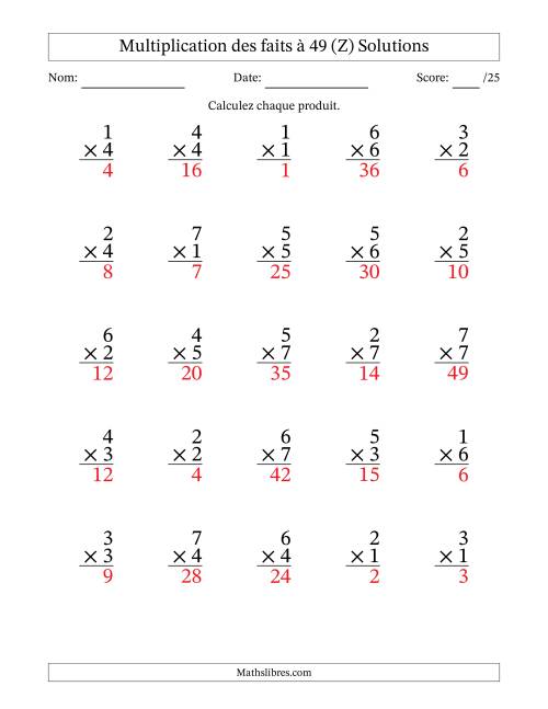 Multiplication des faits à 49 (25 Questions) (Pas de Zeros) (Z) page 2