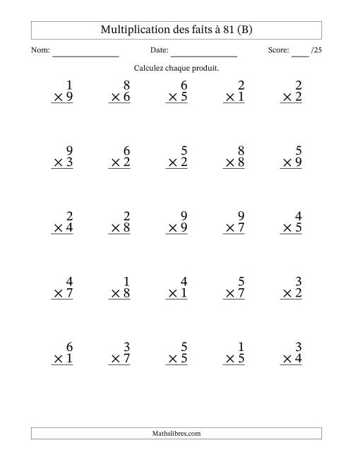 Multiplication des faits à 81 (25 Questions) (Pas de zéros) (B)