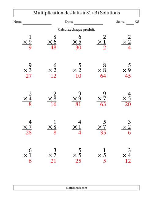 Multiplication des faits à 81 (25 Questions) (Pas de zéros) (B) page 2