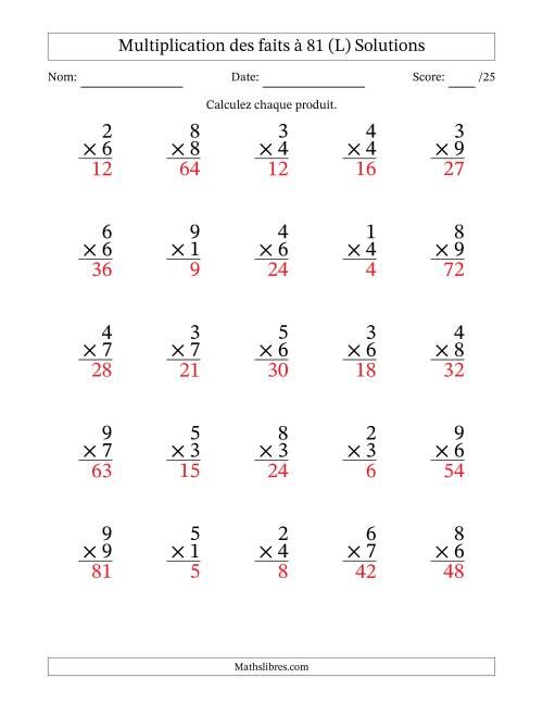 Multiplication des faits à 81 (25 Questions) (Pas de zéros) (L) page 2